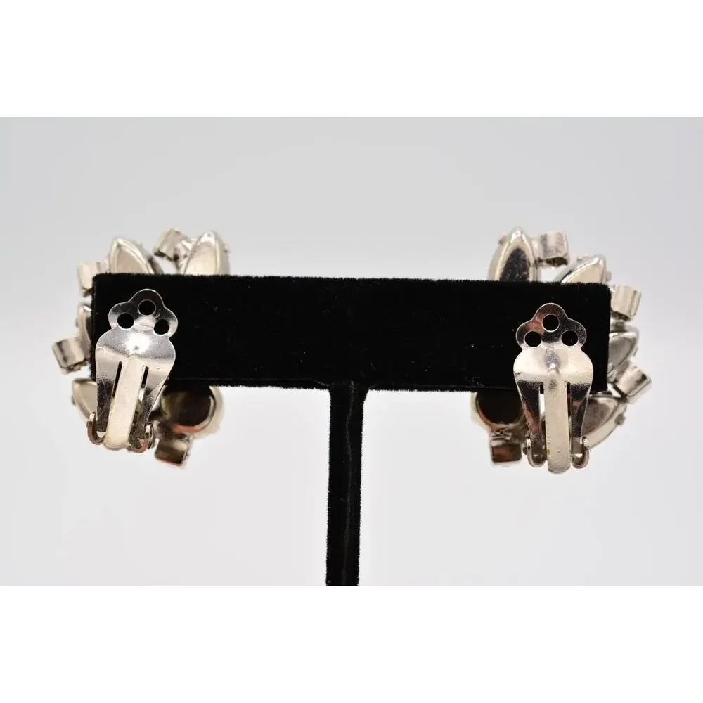 Vintage Crystal Clip Pm Earrings Shiny Rhinestone Marquise Silver 1980s BinAA